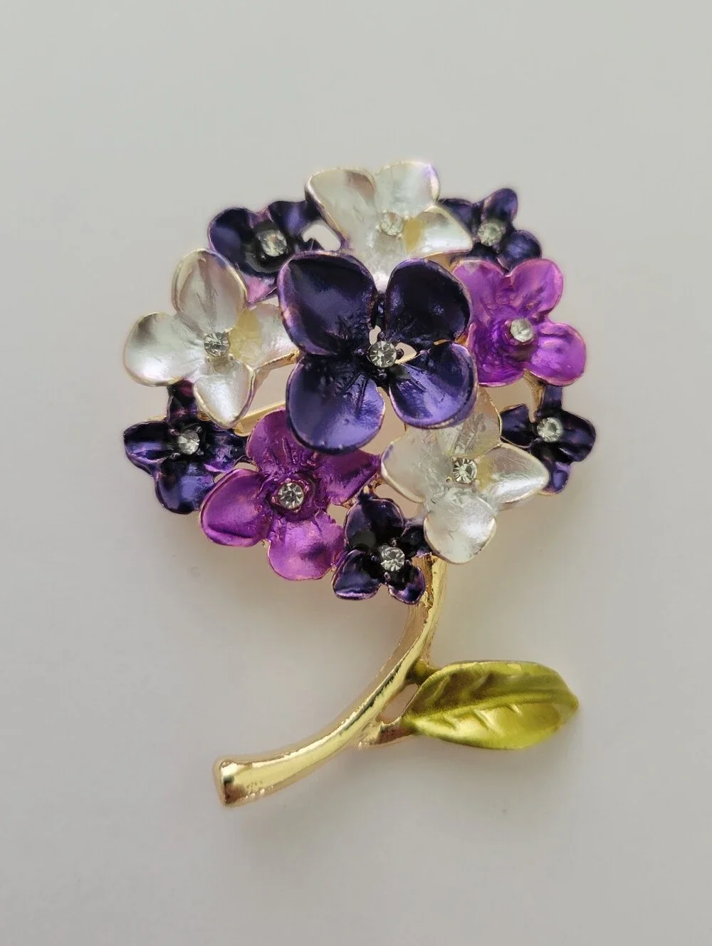Flower brooch Pin lilac White Purple hydrangeas 3D enamel rhinestones Feminine